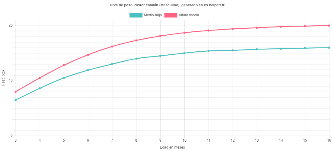 Curva de crecimiento Pastor catalán masculino
